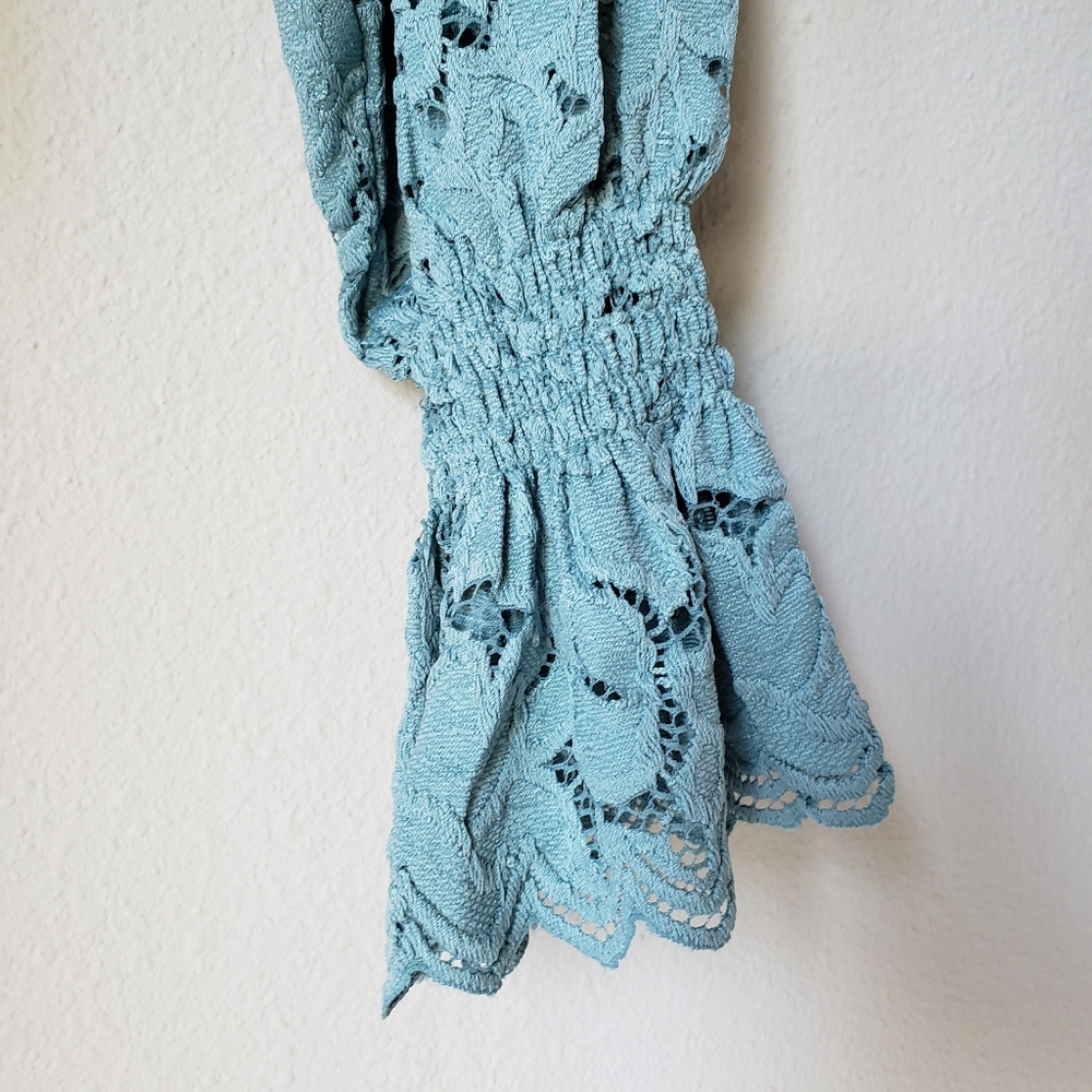 Free People | Floral Lace Scoop Neck Scalloped Hem Pirate Sleeve Blouse Top - Picture 8 of 10